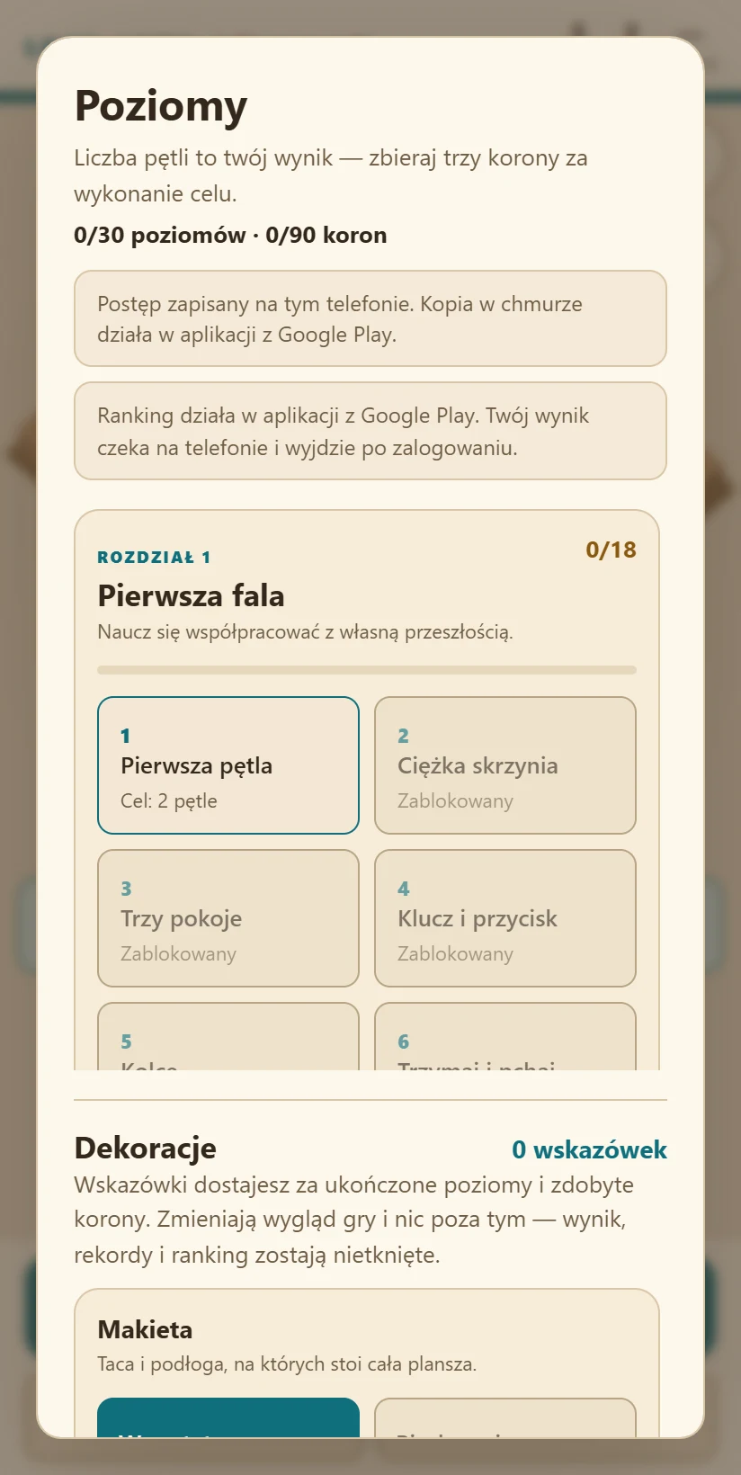Ekran wyboru poziomu: nagłówek „Poziomy”, licznik 0 z 30 poziomów i 0 z 90 koron, pod nim rozdział pierwszy „Pierwsza fala” z kaflami kolejnych poziomów.